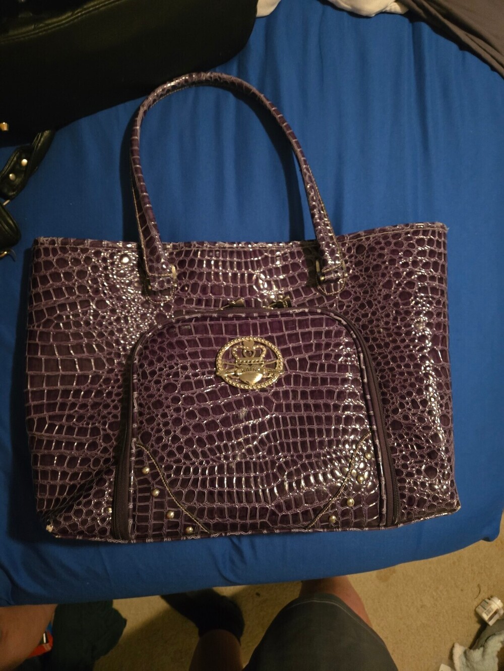 Kathy Van Zeeland Purple Croc-Embossed Tote Bag with Front Pocket
